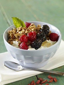 вкусный греческий йогурт из закваски живой баланс в белой пиале с орехами и ягодами